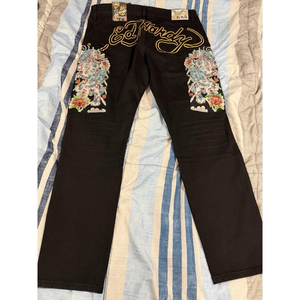 New Ed Hardy Slim Straight Jeans Men's 38X32 Embroidered Tiger Floral Y2K Grunge